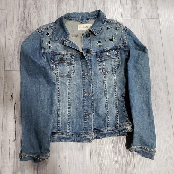 Lola Jeans Blue Denim  Bejeweled Jean Jacket Womans size L. - Picture 1 of 6
